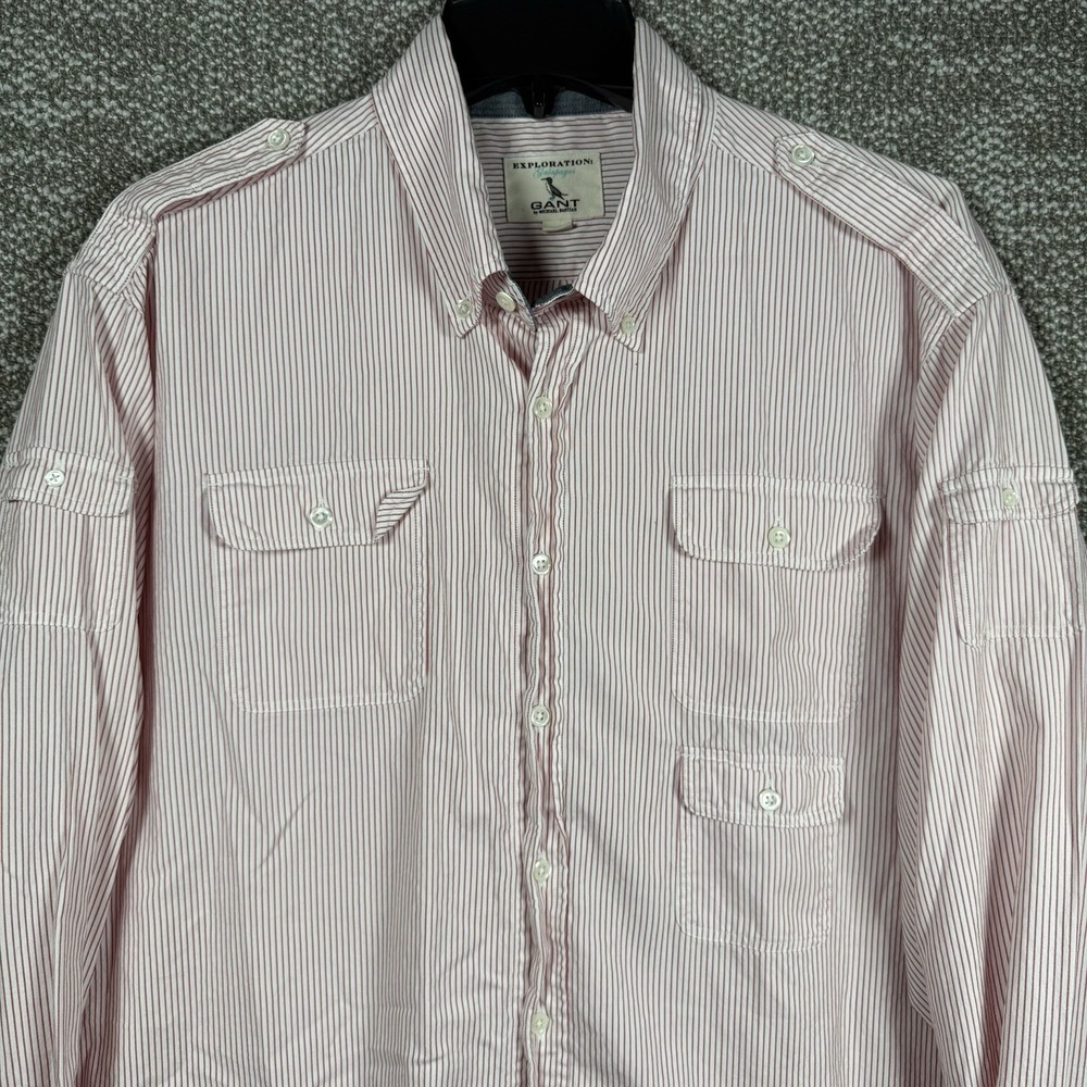 Gant By Michael Bastian Button Down Shirt 2XL Men Red Stripe Pockets Epaulettes